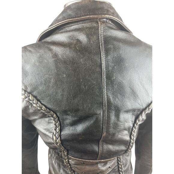 Unik Distressed Brown Leather Braided Moto Motorcycle Jacket Cross Zip Size XS - Picture 11 of 16